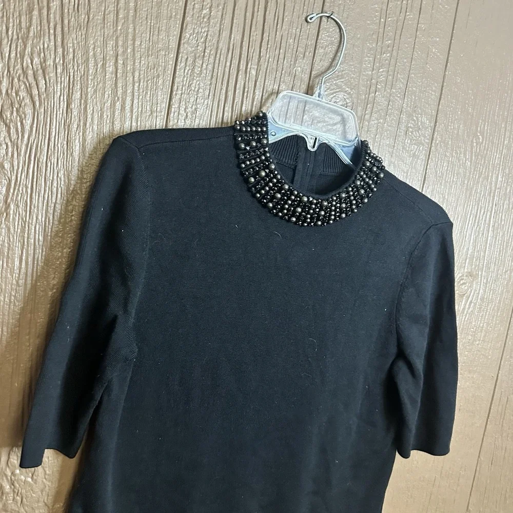 Talbots Beaded Mock Neckline Black Knit Sweater Top Sz S Classy Formal Old Money